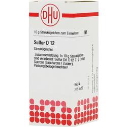 Eine weiße Schachtel mit der Aufschrift "Sulfur D 12 Streukügelchen".