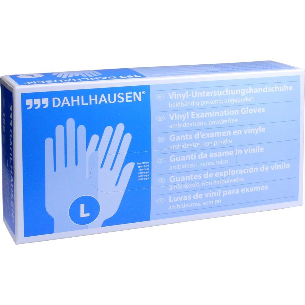 Eine blaue Verpackung mit Vinyl-Untersuchungshandschuhen der Größe L.